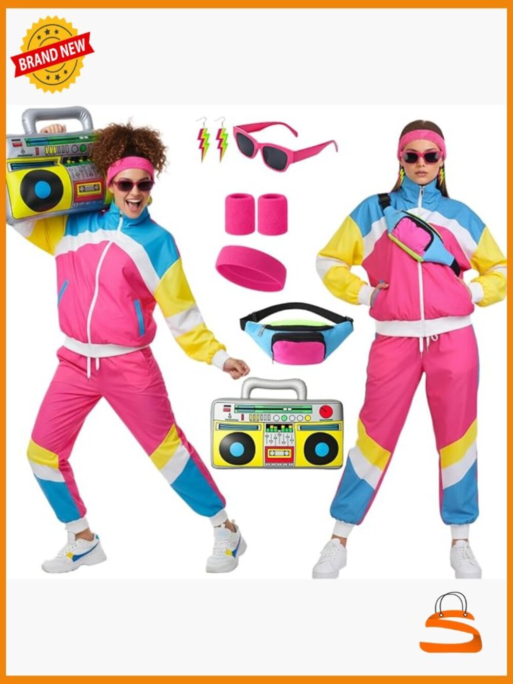 80s Tracksuit Costume Set 8-Piece Retro Color Block Windbreaker Jacket Pants